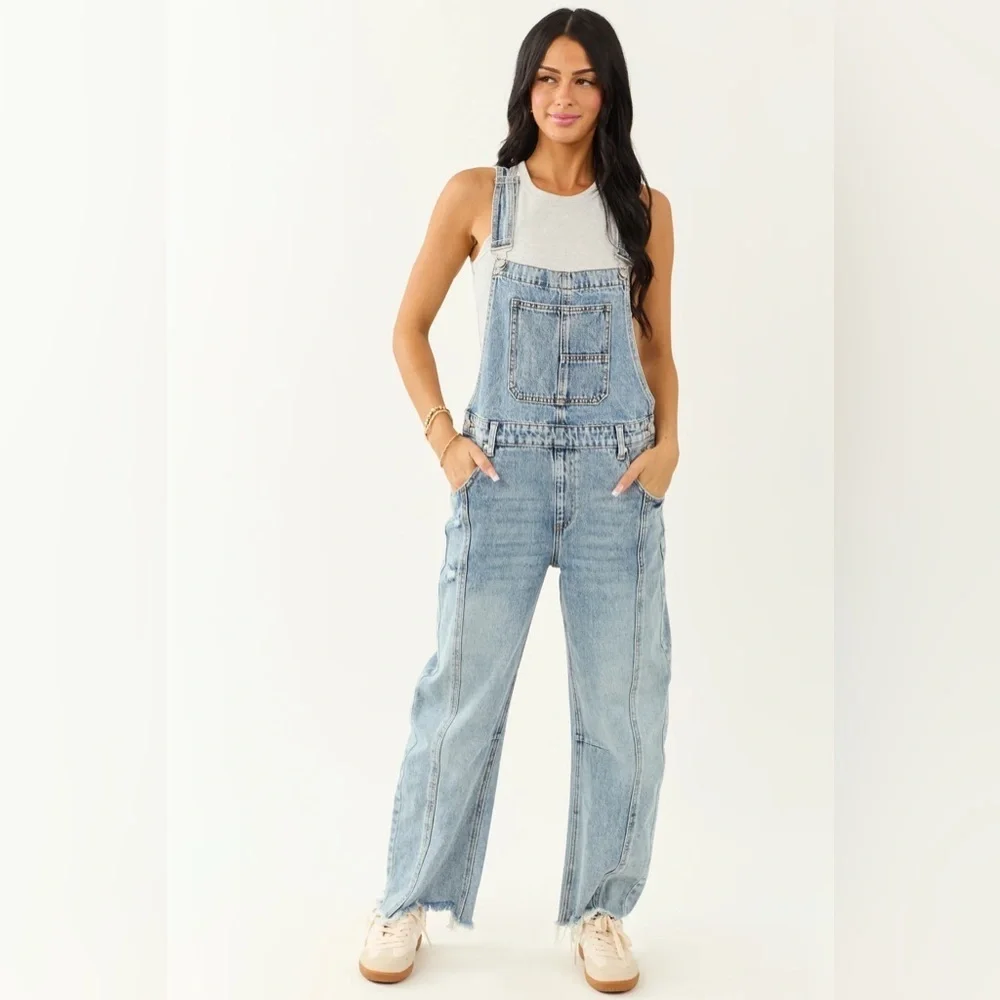 NWT Saige Denim Barrel Horseshoe Light Washed Relaxed Fit Jean Overalls - Picture 2 of 7